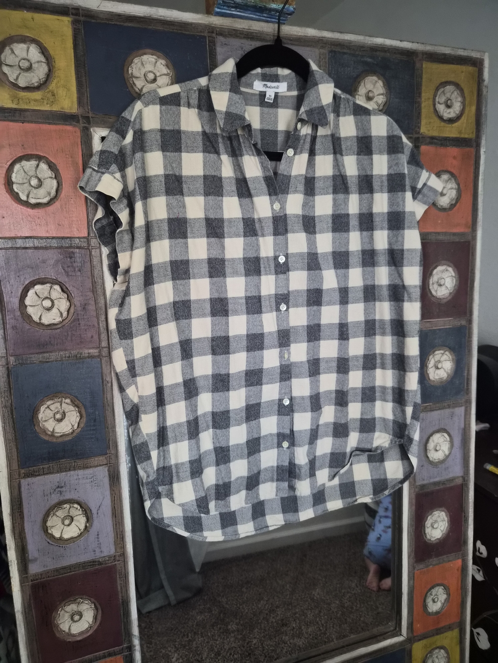Madewell Black and Cream Plaid Button-Up Top